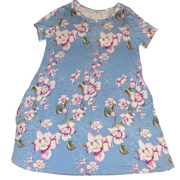 Blue Floral Short Sleeve Pocket Jersey Stretch A-line Swing Dress Ladies Large - Picture 1 of 9